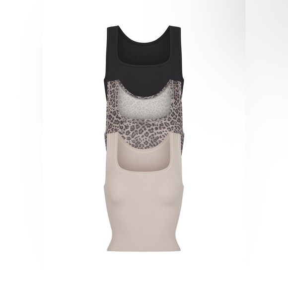 SKIMS Tops - Skim Cotton Ribbed Tank Top 3-Pack in Leopard, Black, & Tan.